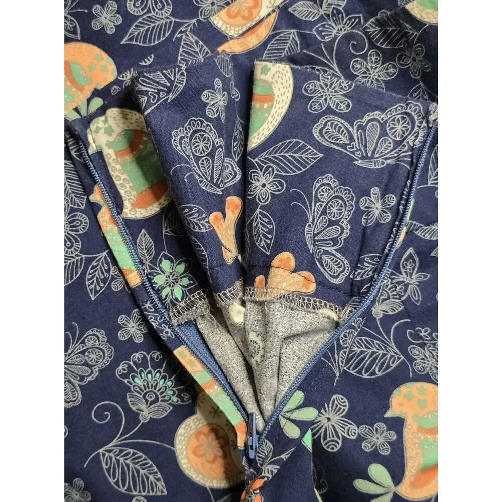 Handmade Bird Print Cotton Skirt Whimsical Scandinavian Folk Art Cottagecore Med